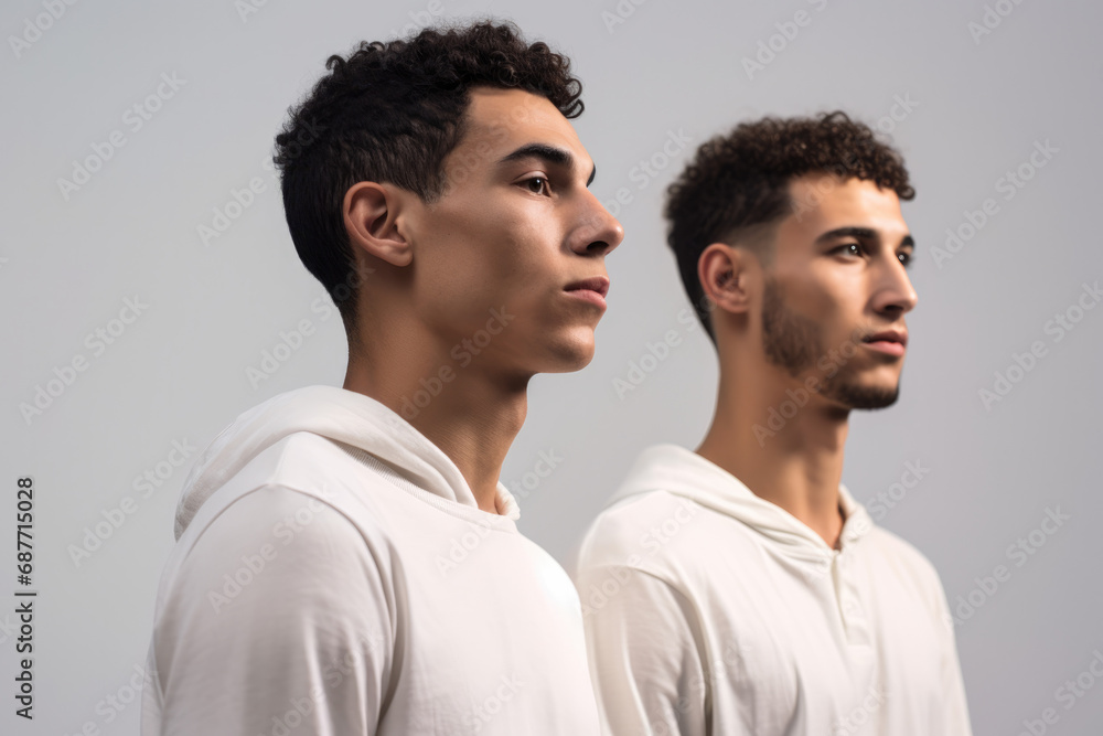 Two men standing next to each other wearing white hoodies Two men standing next to each other wearing white hoodies
