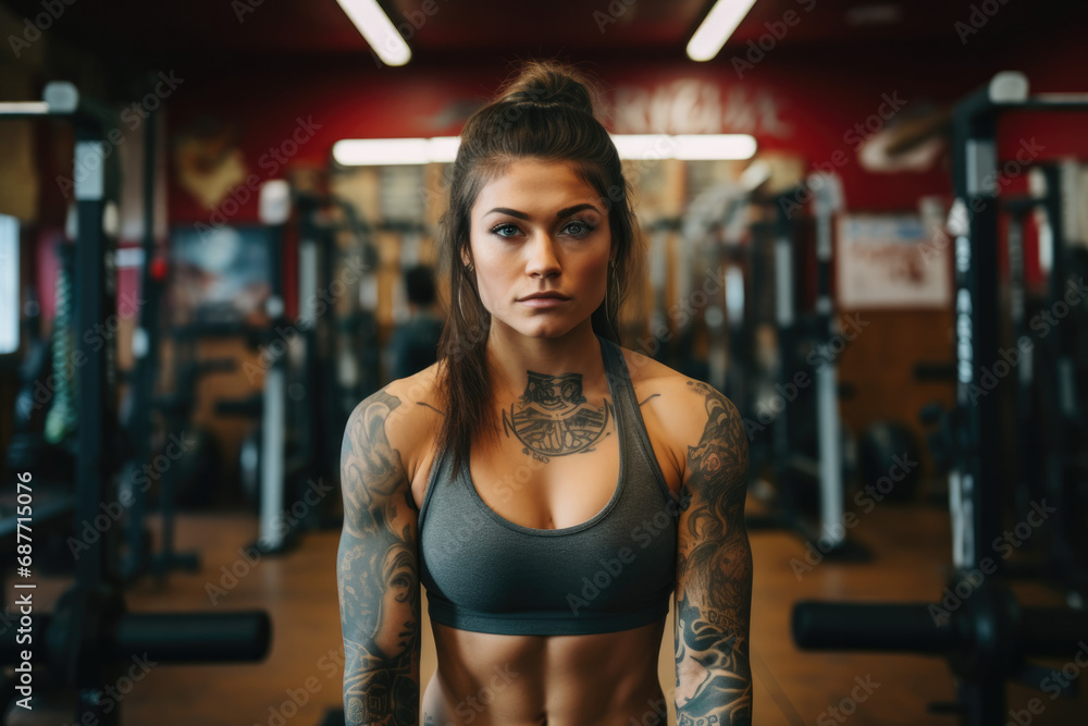 A woman with tattoos on her arms stands in a gym A woman with tattoos on her arms stands in a gym