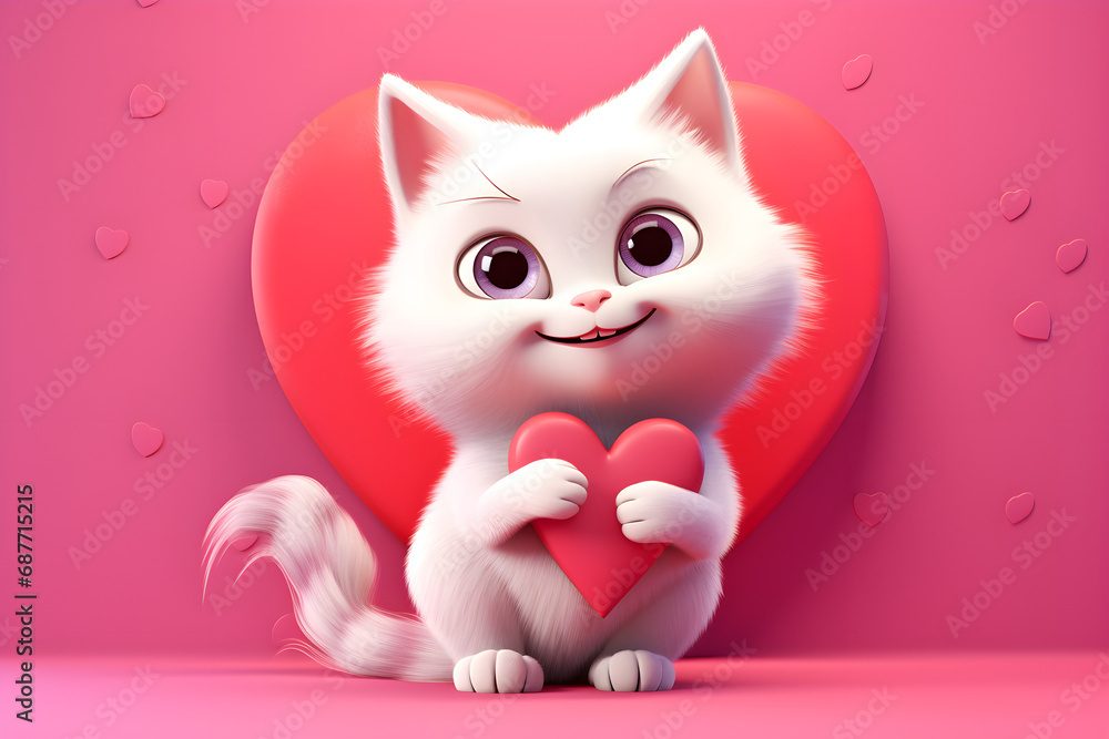 Cute cat holds red heart on the pink background Cute cat holds red heart on the pink background