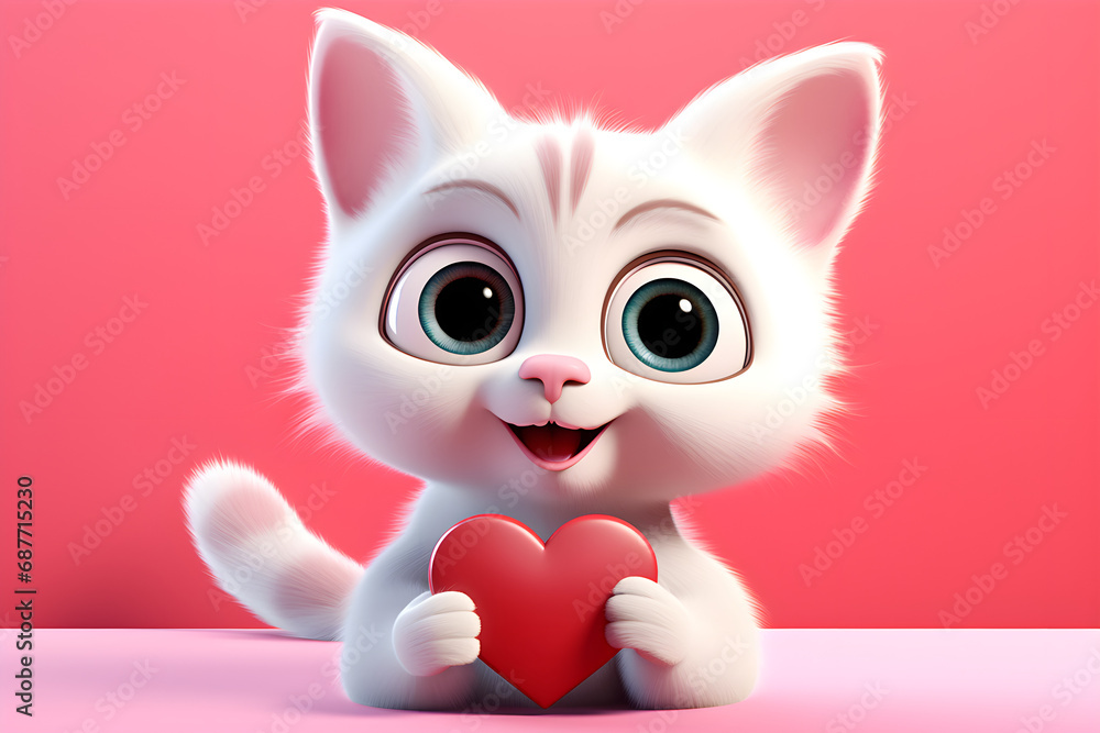 Cute cat holds red heart on the pink background