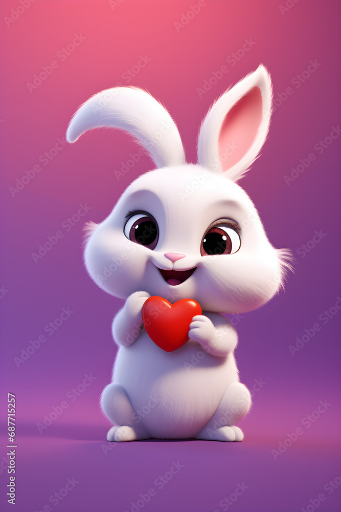 Cute rabbit holds red heart on the purple background Cute rabbit holds red heart on the purple background
