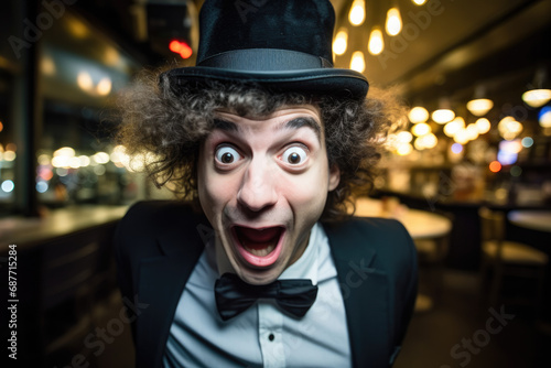 A man wearing a top hat and bow tie is making a funny face