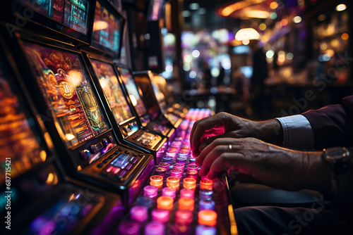 Slot Machine Thrills. Close-up of a person playing a slot machine in a casino photo