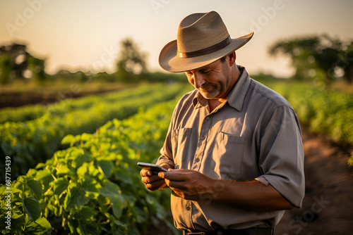 farmer using a smartphone app. smart farm concept photo
