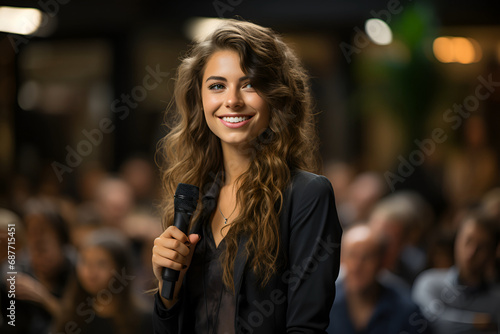 Female speaker giving presentation during business seminar at convention center
