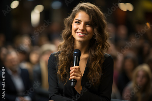 Female speaker giving presentation during business seminar at convention center
