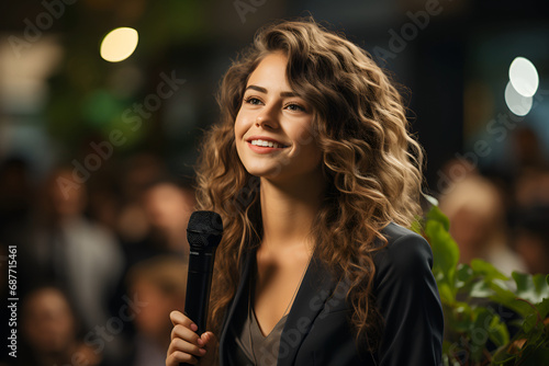 Female speaker giving presentation during business seminar at convention center