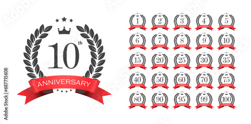 Anniversary emblem set for celebration event, wedding, greeting card, and invitation. Black emblem with red ribbon. Vector illustration