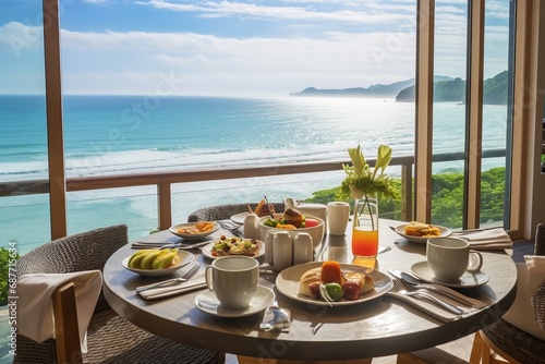 Luxury tourist resort breakfast in hotel room with stunning ocean view