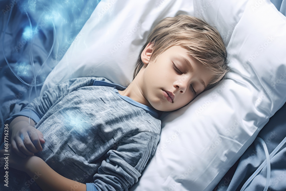 Child toddler boy is sad lying on the bed and holding his stomach. Abdominal pain in children
