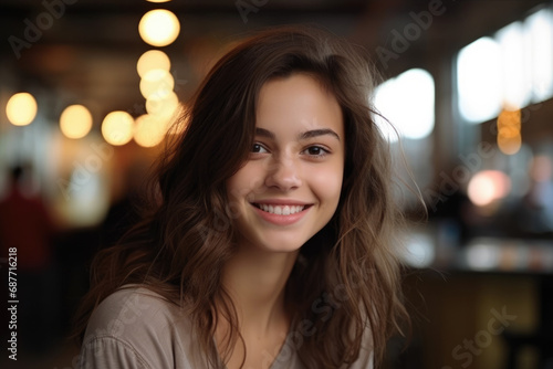 A woman with long brown hair is smiling for the camera