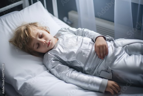 Child boy is sad lying on the bed and holding his stomach. Abdominal pain in children, symptoms of gastritis, poisoning and intestinal infection, abdominal bloating. photo