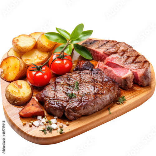 grilled meat steak tender juicy attractive with leaves, vegetables and potato, tomato isolated on transparent background, clipping path, png file, 