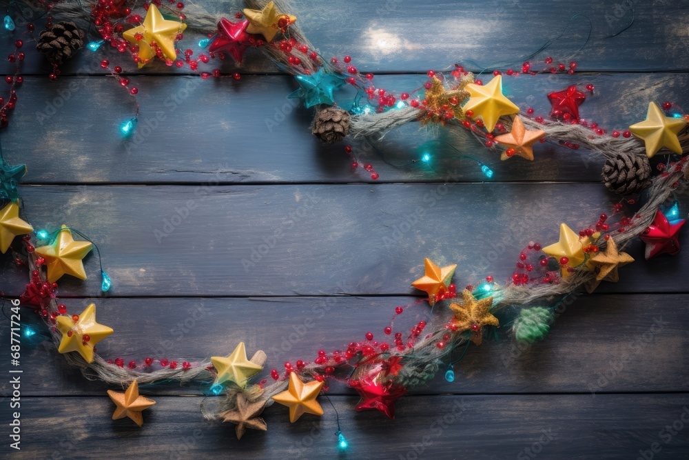 Star fairy lights chain background with stars on cozy warm christmas garland, rusticcore, colourful star decoration, wooden, wallpaper asterisk star shaped starry starlit starlight star light
