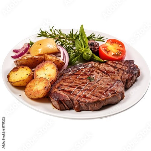 grilled meat steak tender juicy attractive with leaves,  vegetables and potato, tomato isolated on transparent background, clipping path, png file, 