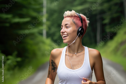 A woman with pink hair is wearing headphones and smiling