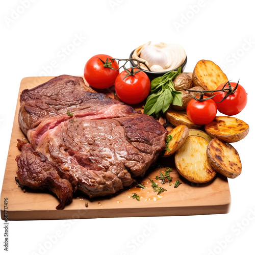 grilled meat steak tender juicy attractive with leaves, vegetables and potato, tomato, onion isolated on transparent background, clipping path, png file, 