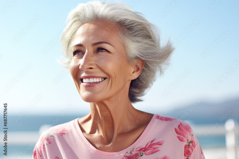 An older woman wearing a pink floral shirt is smiling An older woman wearing a pink floral shirt is smiling