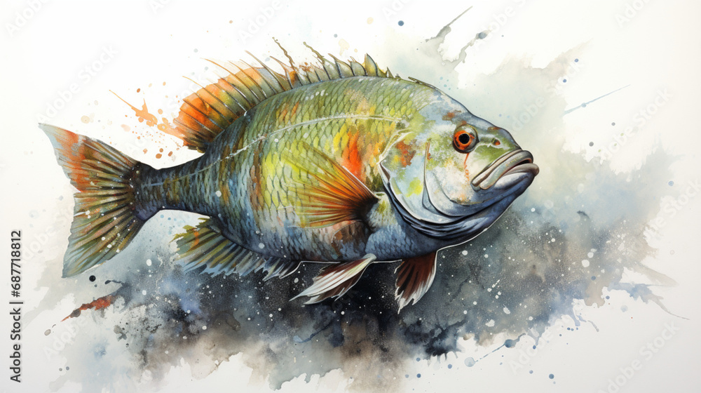 Illustration d'un poisson. Eau douce ou eau de mer. Animal aquatique, écailles, océan. Dessin, aquarelle. Illustration d'un poisson. Eau douce ou eau de mer. Animal aquatique, écailles, océan. Dessin, aquarelle.
