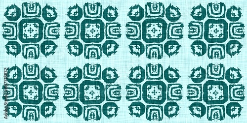 Teal green white vibrant watercolor batik azulejos tile border banner background. Seamless aqua coastal blur linen effect geometric mosaic effect.Boho Patchwork nautical masculine summer ribbon trim. 