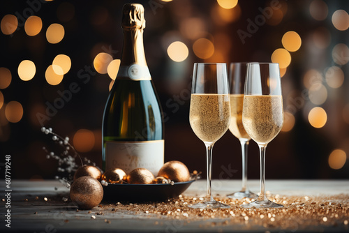 Romantic Celebration, Two Glasses of Sparkling Champagne, Golden Wine Bottles and Crystal Glasses