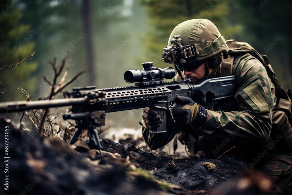 Sniper in which aiming from his rifle. sniper during the military operation. rifle target view on war zone Background