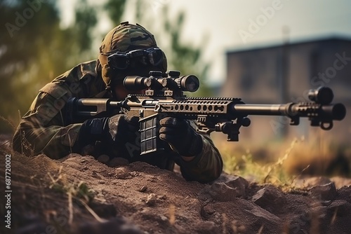 Sniper in which aiming from his rifle. sniper during the military operation. rifle target view on war zone Background