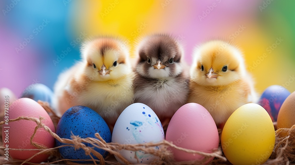 Cute Easter chicks sit in a nest with colorful Easter eggs