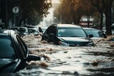 Urban Flooding After Heavy Storm: Severe Weather's Devastating Impact on City Streets, Cars, and Infrastructure. Flooded cars on the street of the city.