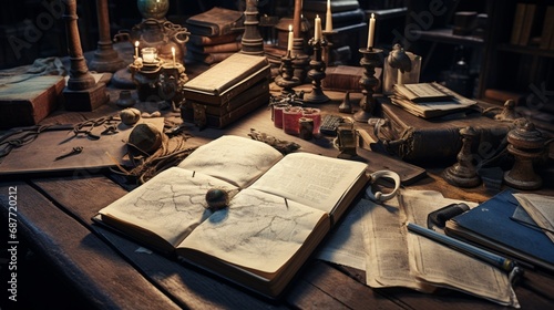A weathered leather journal resting open on a wooden desk, filled with handwritten notes and sketches. A quill and inkwell suggest ongoing exploration and discovery photo