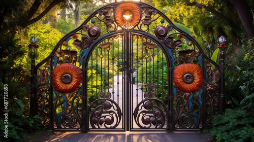 Intricately designed metalwork gates set amidst a lush garden