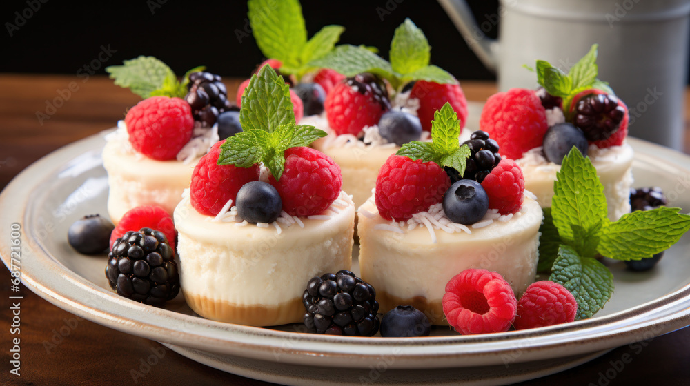 Individual cheesecakes garnished with an assortment of berries and mint leaves, ready to serve for an elegant dessert experience.
Individual cheesecakes garnished with an assortment of berries and mint leaves, ready to serve for an elegant dessert experience.