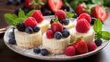 Artfully arranged mini cheesecakes with berry toppings, an enticing Valentine's dessert option.
