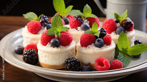 Individual cheesecakes garnished with an assortment of berries and mint leaves, ready to serve for an elegant dessert experience. 
