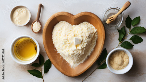 Flour shaped as a heart on a wooden board, surrounded by baking ingredients, symbolizing the love of baking for Valentine's Day. 