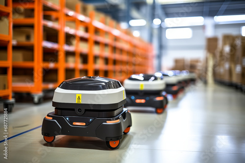 Autonomous robots used in logistics and warehouse operations, with space for messages on efficiency © Лариса Лазебная