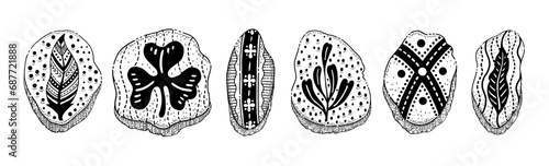Stone amulets. Age cave pagan symbol. Abstract painting rock. Zen chinese or viking ancient fossil with footprint. Black ink pattern tattoo. Cartoon sketch hand drawn art. Mythology stone ornament