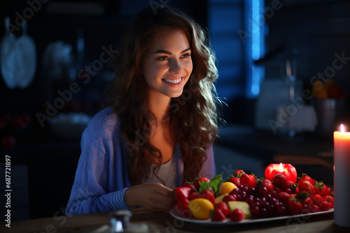 happy beautiful smiling woman girl lady eat healthy food fruit  vegetable  seeds  superfood  cereal  leaf vegetable. Detox and clean diet concept. High in vitamins  minerals and antioxidants.