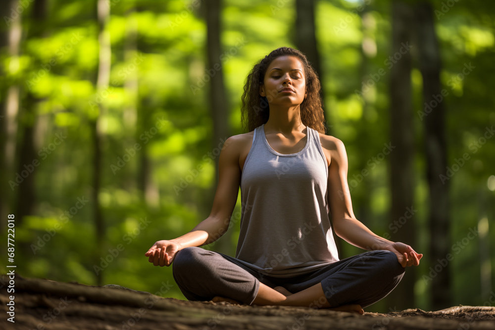 Revolved Head to Knee Pose (Parivrtta Janu Sirsasana) in a tranquil forest, demonstrating balance and expansion, with space for grounding messages Revolved Head to Knee Pose (Parivrtta Janu Sirsasana) in a tranquil forest, demonstrating balance and expansion, with space for grounding messages