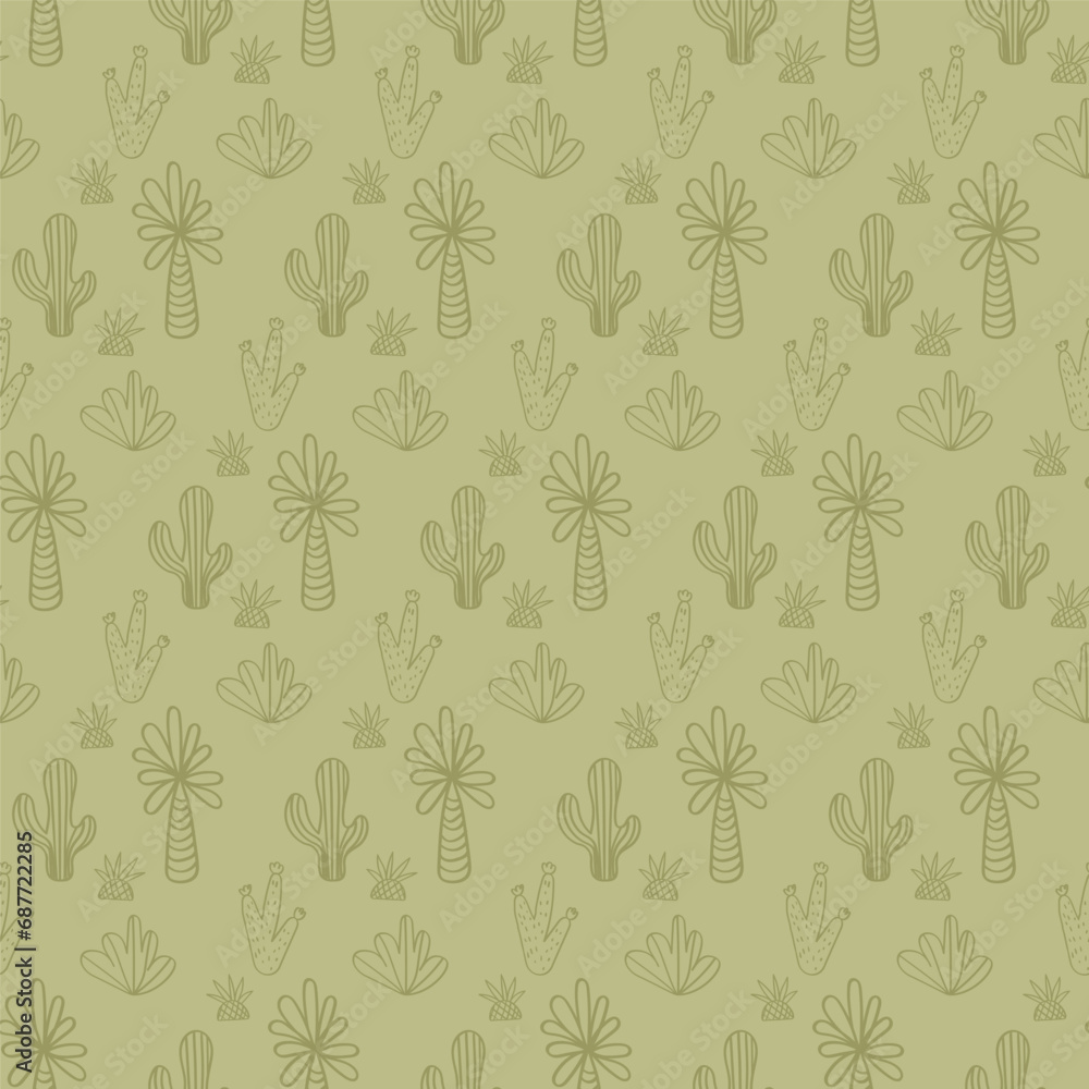 Vector seamless pattern with cactus,palm,bush,pineapple.Tropical jungle cartoon leaf.Pastel plant background.Cute natural pattern for fabric, childrens clothing,textiles,wrapping paper.