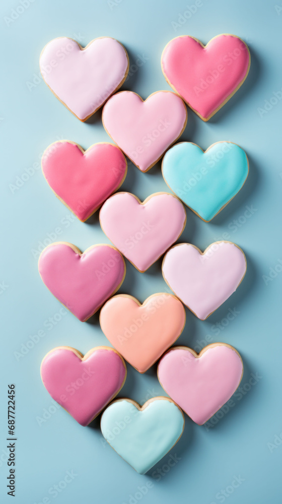 A playful assortment of heart-shaped cookies in Valentine hues, lined up to celebrate love.
