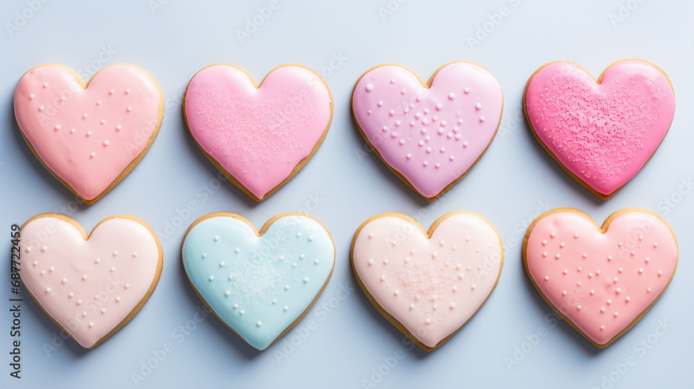 Rows of heart cookies in soft pastel colors, a delightful way to express love on Valentine's Day.
