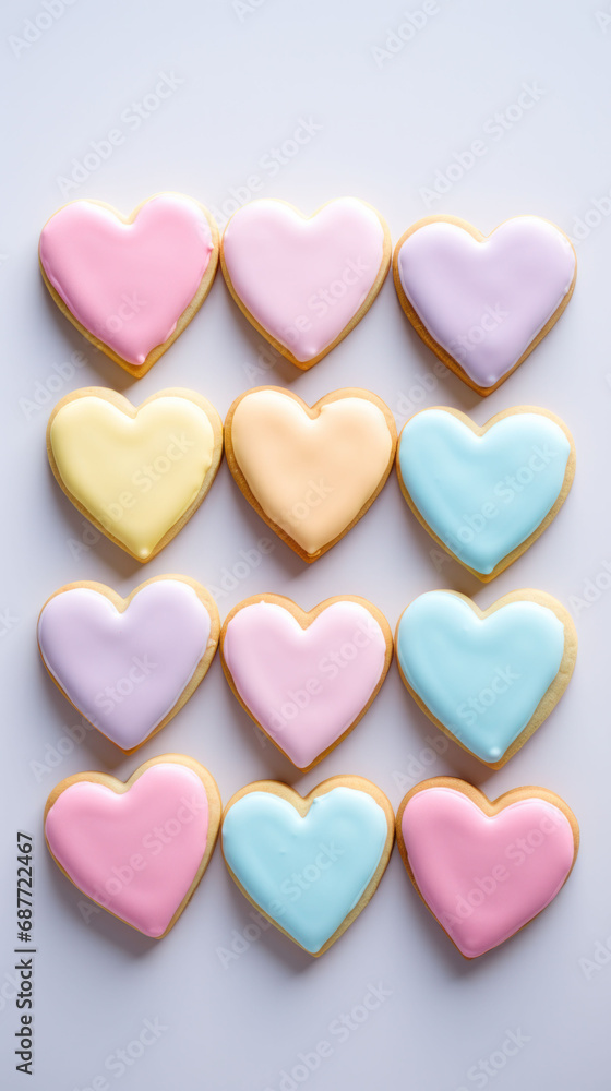 Rows of colorful heart cookies, a delightful treat for a Valentine's celebration, lined up in perfect harmony.
