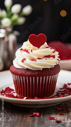 A decadent red velvet cupcake topped with a single heart, an ideal treat for a loved one on Valentine's Day. 