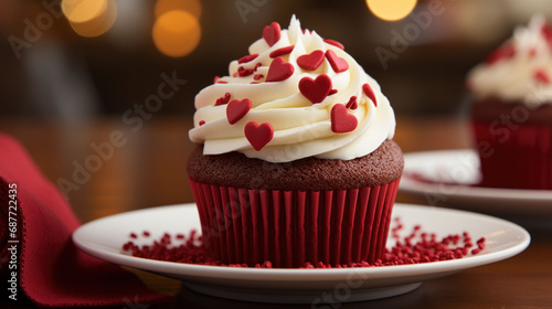 Red velvet cupcakes decorated with tiny hearts, a sweet way to celebrate love and affection on Valentine's Day. 