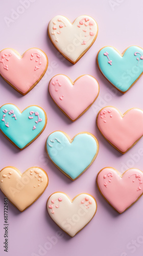 Assorted pastel heart-shaped cookies decorated with love, perfect for Valentine's Day sweet treats.

