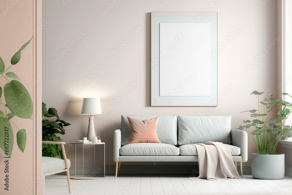 Naklejka premium One frame blank mock up in modern living room interior, light colors and minimalist style. Illustration. Generative AI