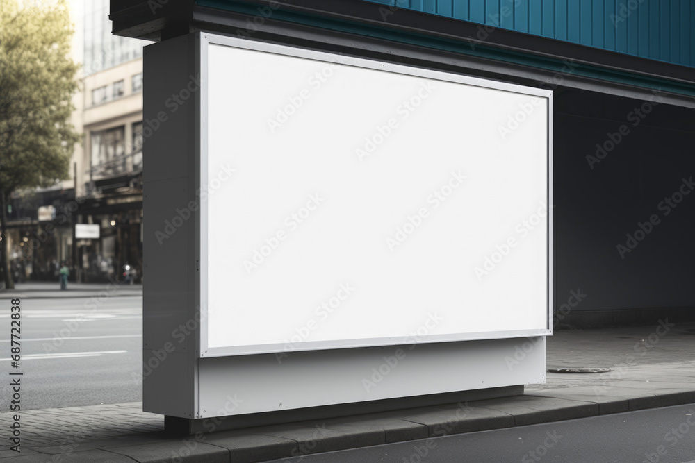 Blank mock up of horizontal street poster billboard, in the center city. Street advertising. Illustration. Generative AI