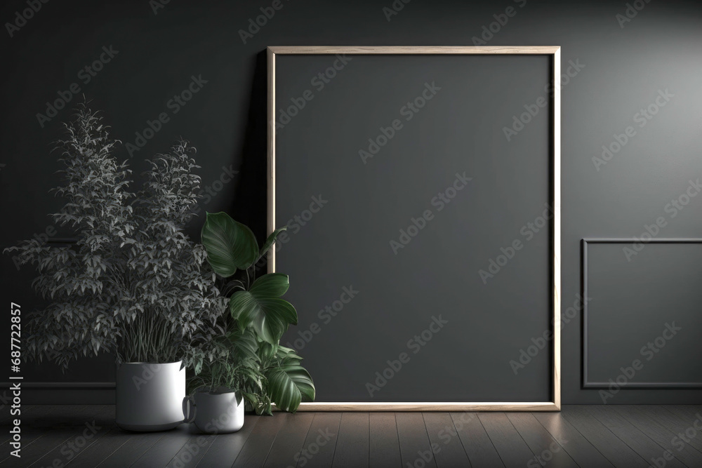 Empty mock up, big frame on the dark wall, in a clean and minimalist room. Mock up frame for display or montage of product or design. Illustration. Generative AI.