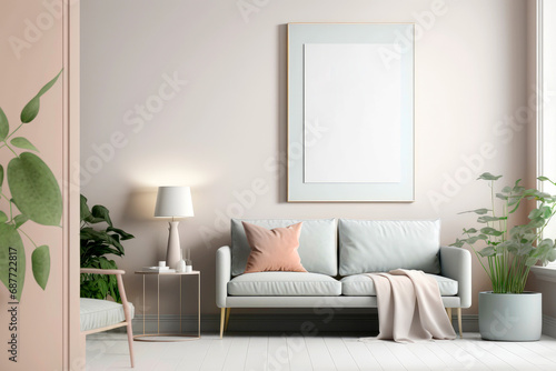 One frame blank mock up in modern living room interior  light colors and minimalist style. Illustration. Generative AI
